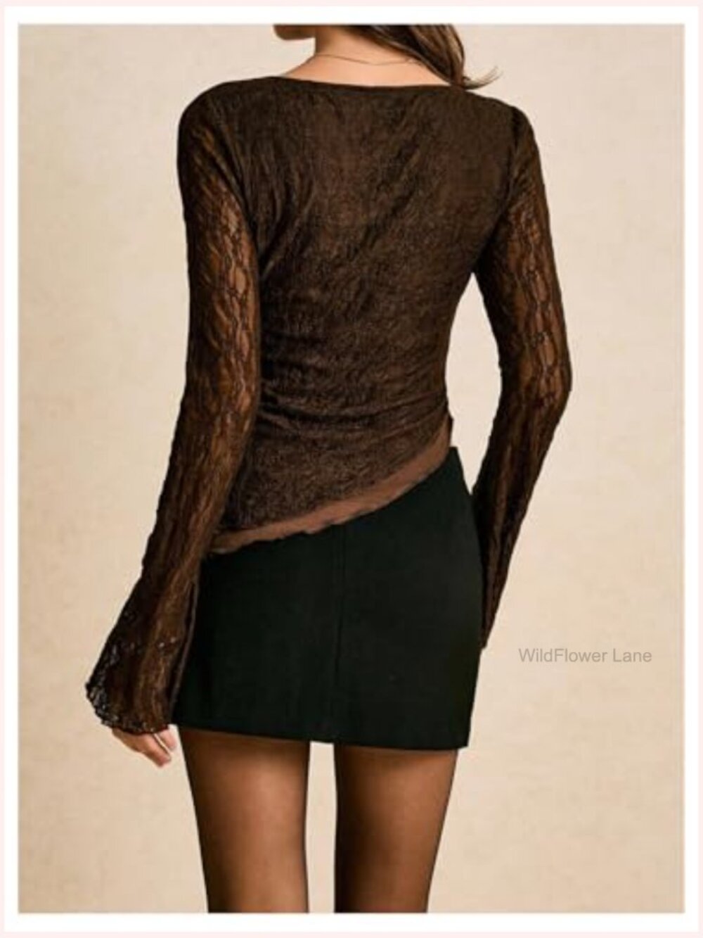 Asymmetrical Lace Bell Long Sleeve Fitted Top, Y2K Sheer Going Out Top - Picture 2 of 5